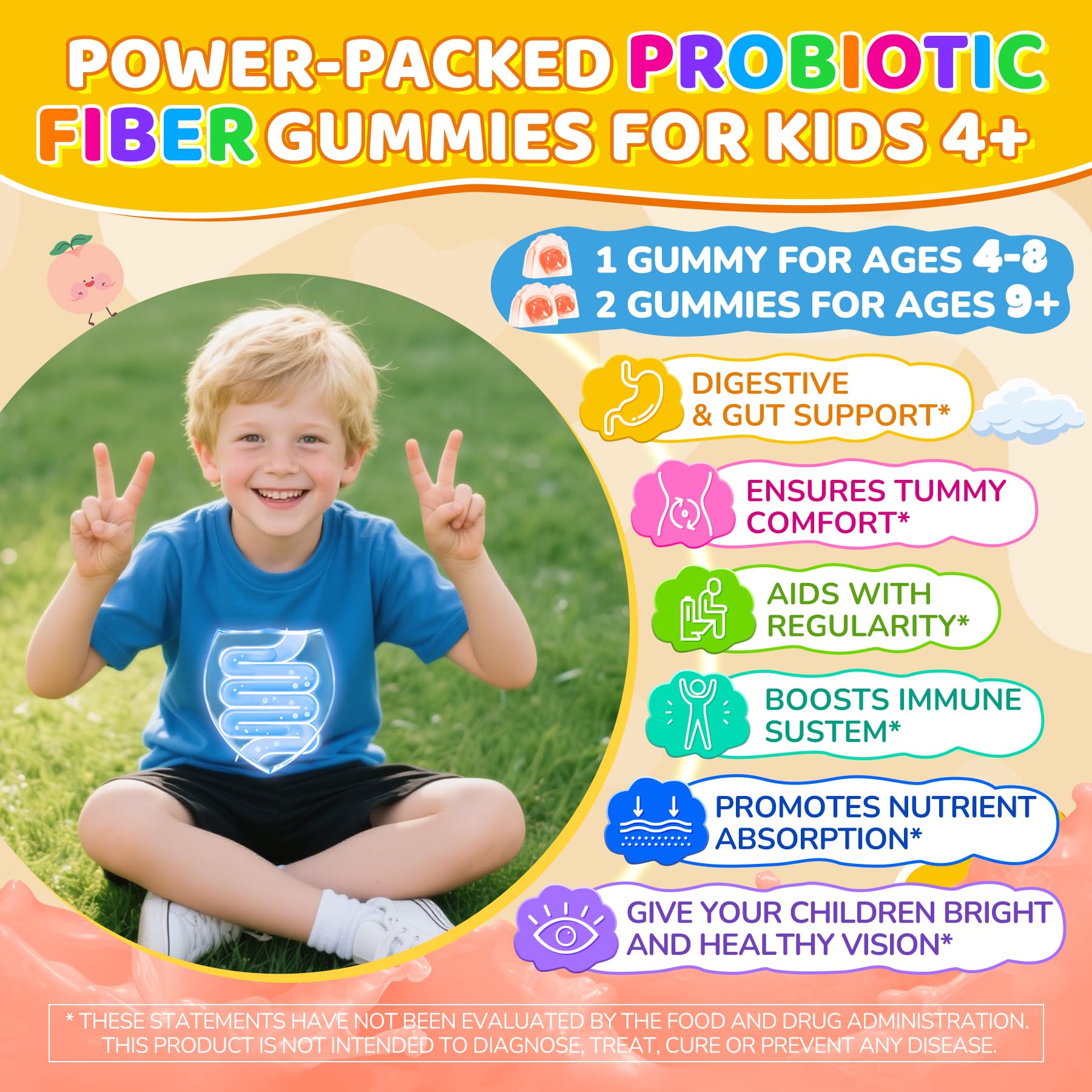 NEVISS Kids Probiotic Gummies ingredients panel features organic inulin and veggie fiber