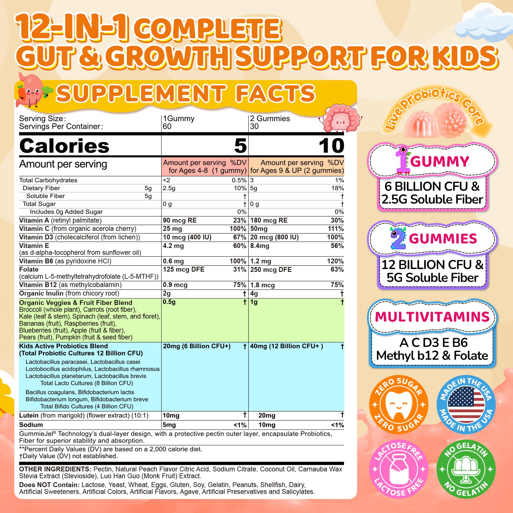 NEVISS Kids Probiotic Gummies label close-up shows clean ingredients