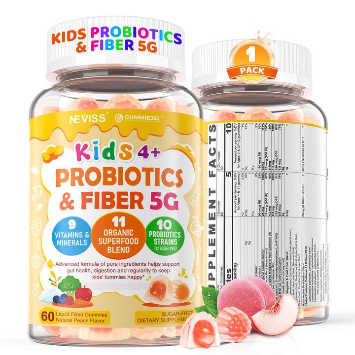 NEVISS Kids Probiotic Gummies packaging view showing 12B CFU and fiber