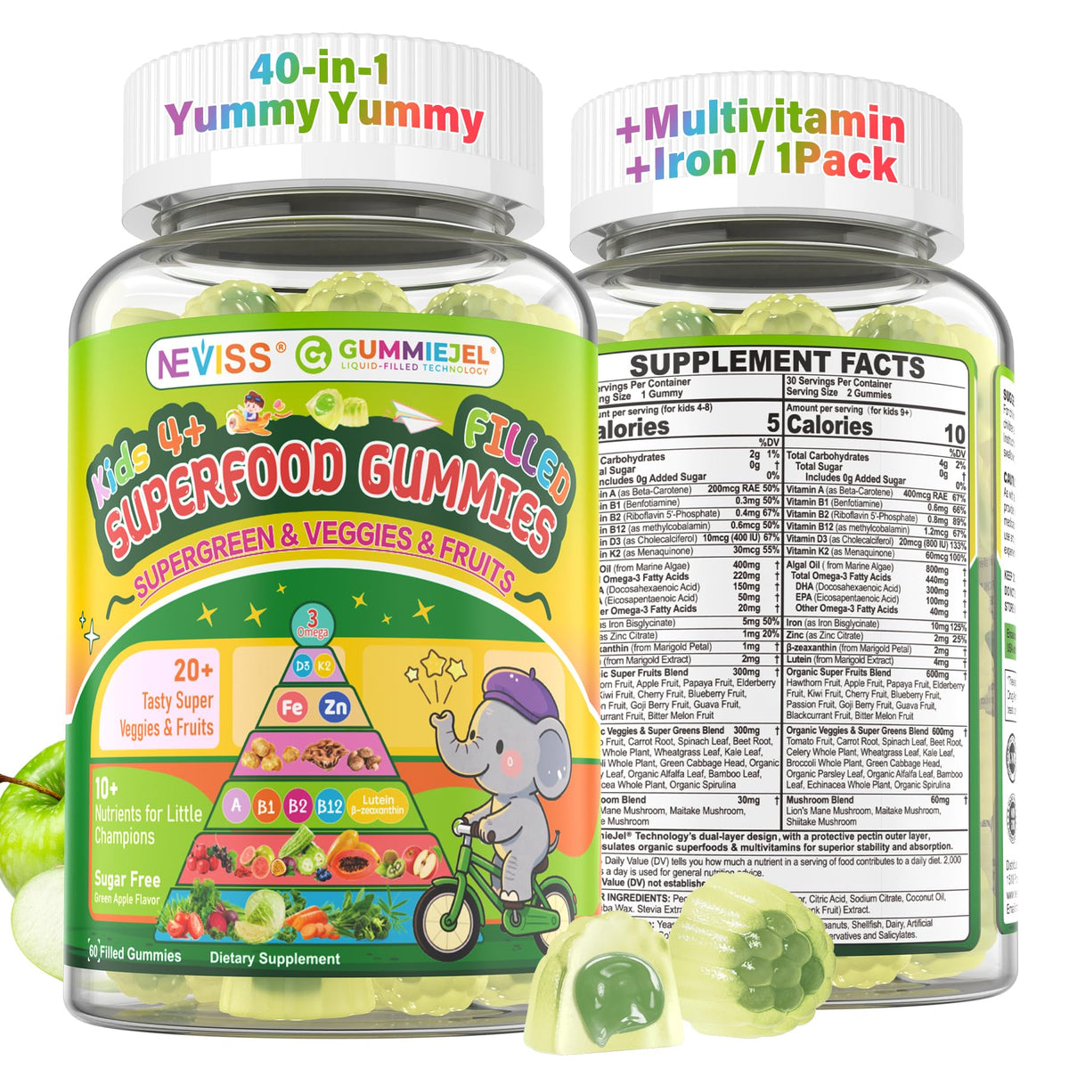 NEVISS Kids Super Greens bottle front with sugar-free gummies for active kids