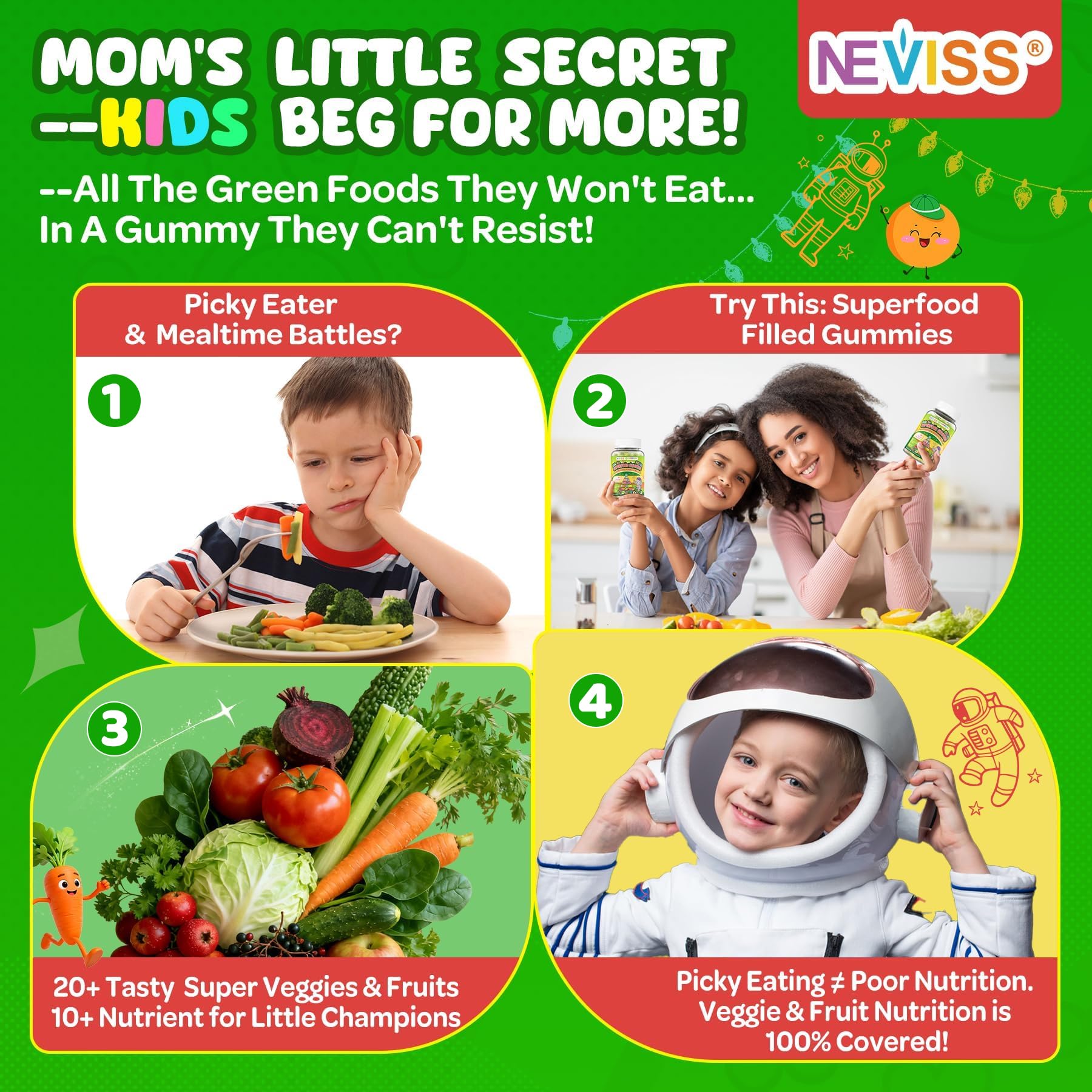 NEVISS Kids Super Greens gummies close-up showing texture