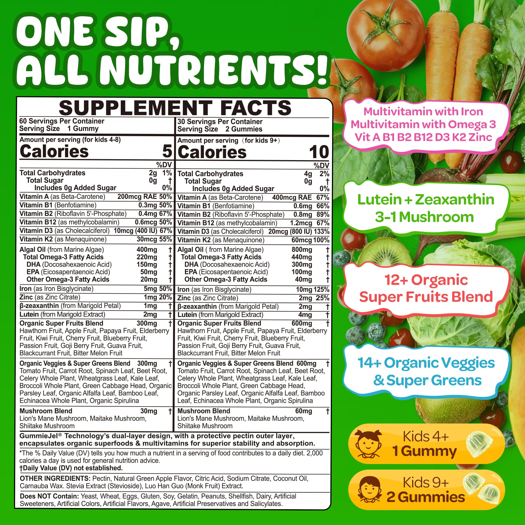 NEVISS Kids Super Greens packaging back listing formula and testing