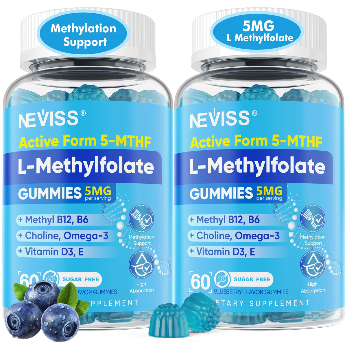 NEVISS L-Methylfolate gummies bottle front for convenient daily folate support.