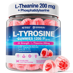 NEVISS L Tyrosine Gummies bottle front promotes calm focus for busy days.