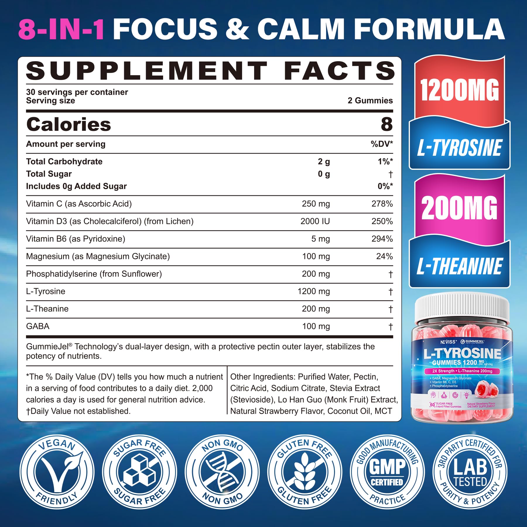 NEVISS L Tyrosine Gummies bottle pour hints at steady energy and focus.