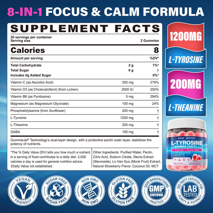 NEVISS L Tyrosine Gummies bottle pour hints at steady energy and focus.