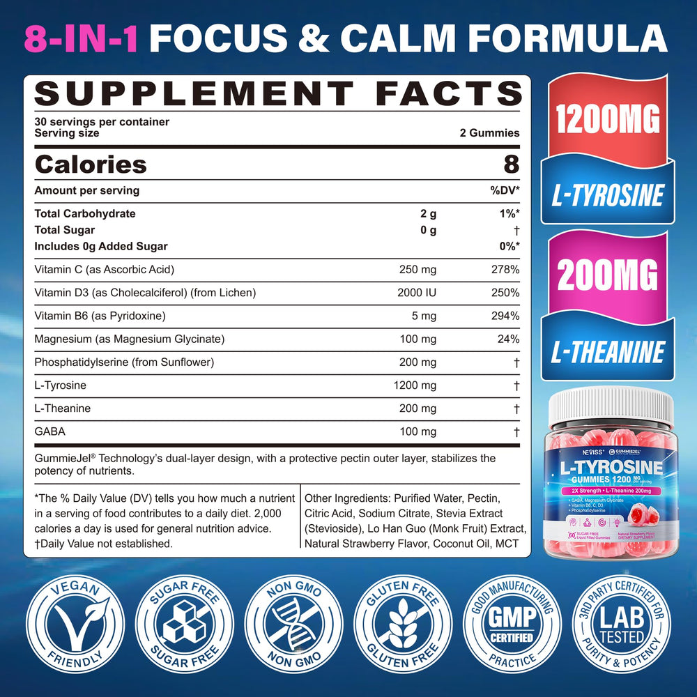 NEVISS L Tyrosine Gummies bottle pour hints at steady energy and focus.