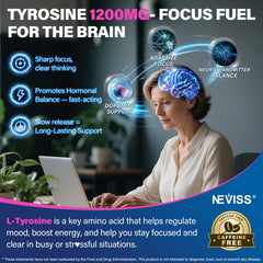 NEVISS L Tyrosine Gummies packaging shot highlights vegan, eight-ingredient formula.