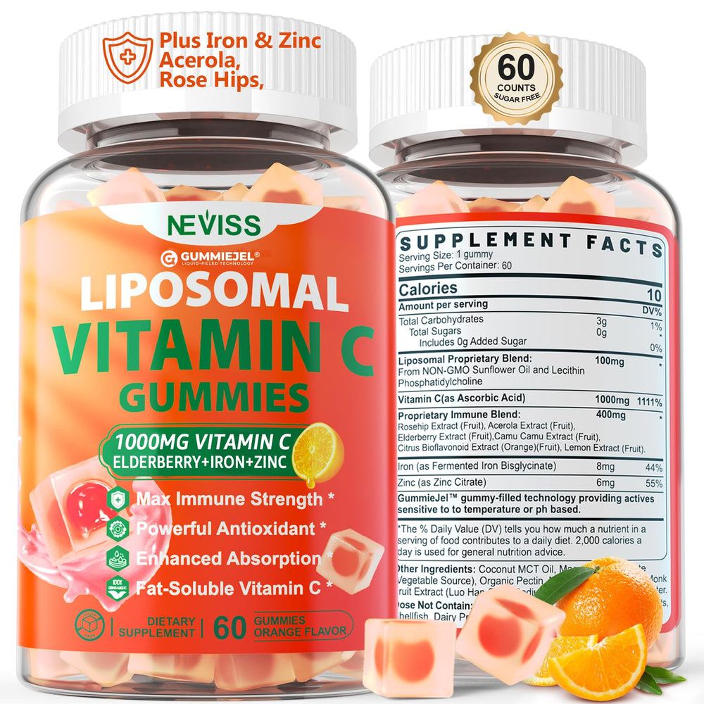 NEVISS liposomal vitamin C gummies pack shot highlighting daily immune support