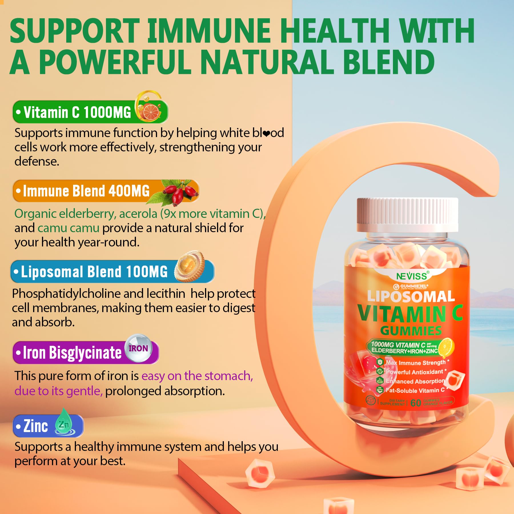 Close-up texture of NEVISS liposomal vitamin C gummies
