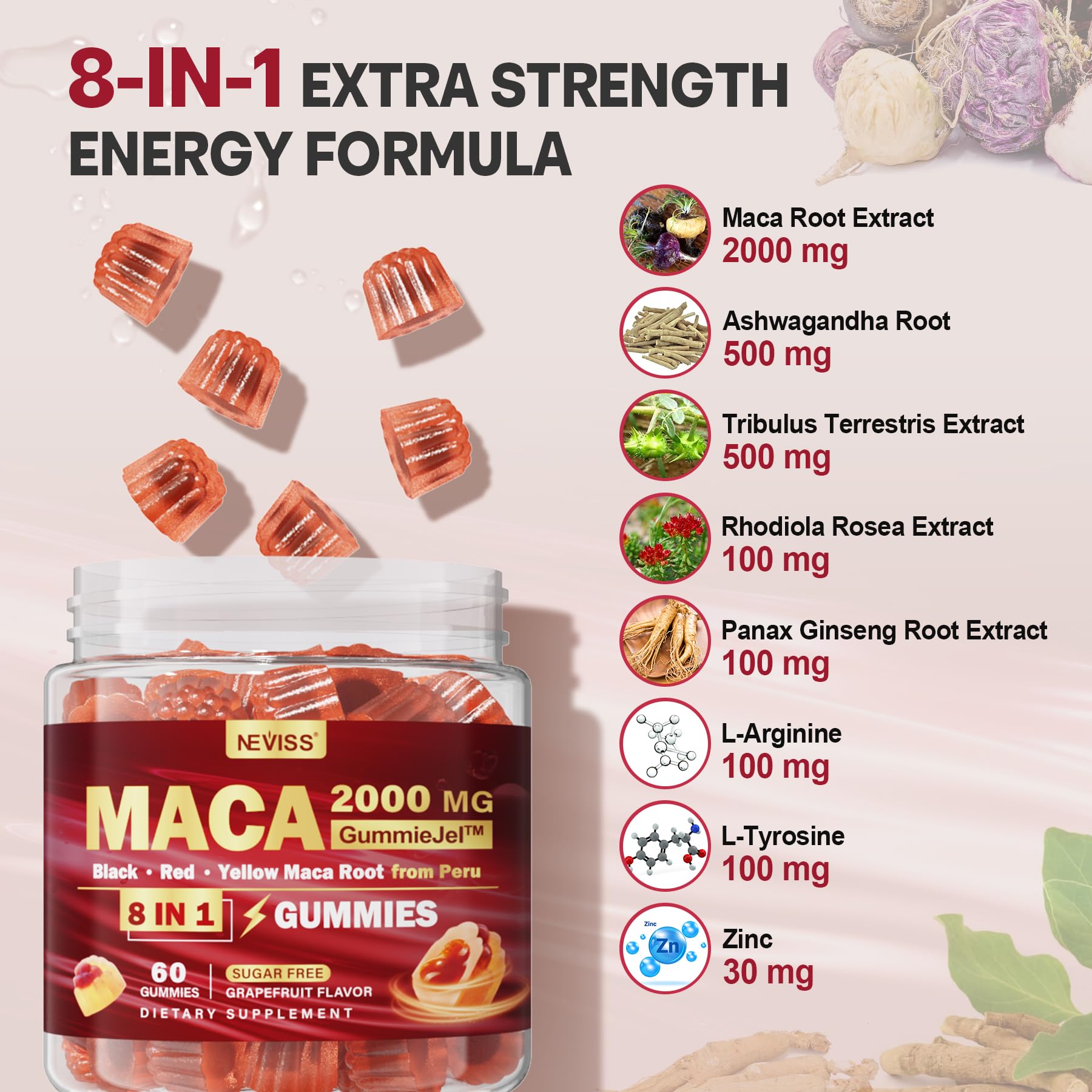 NEVISS maca gummies liquid-filled cross-section reveals smooth texture and inviting aroma