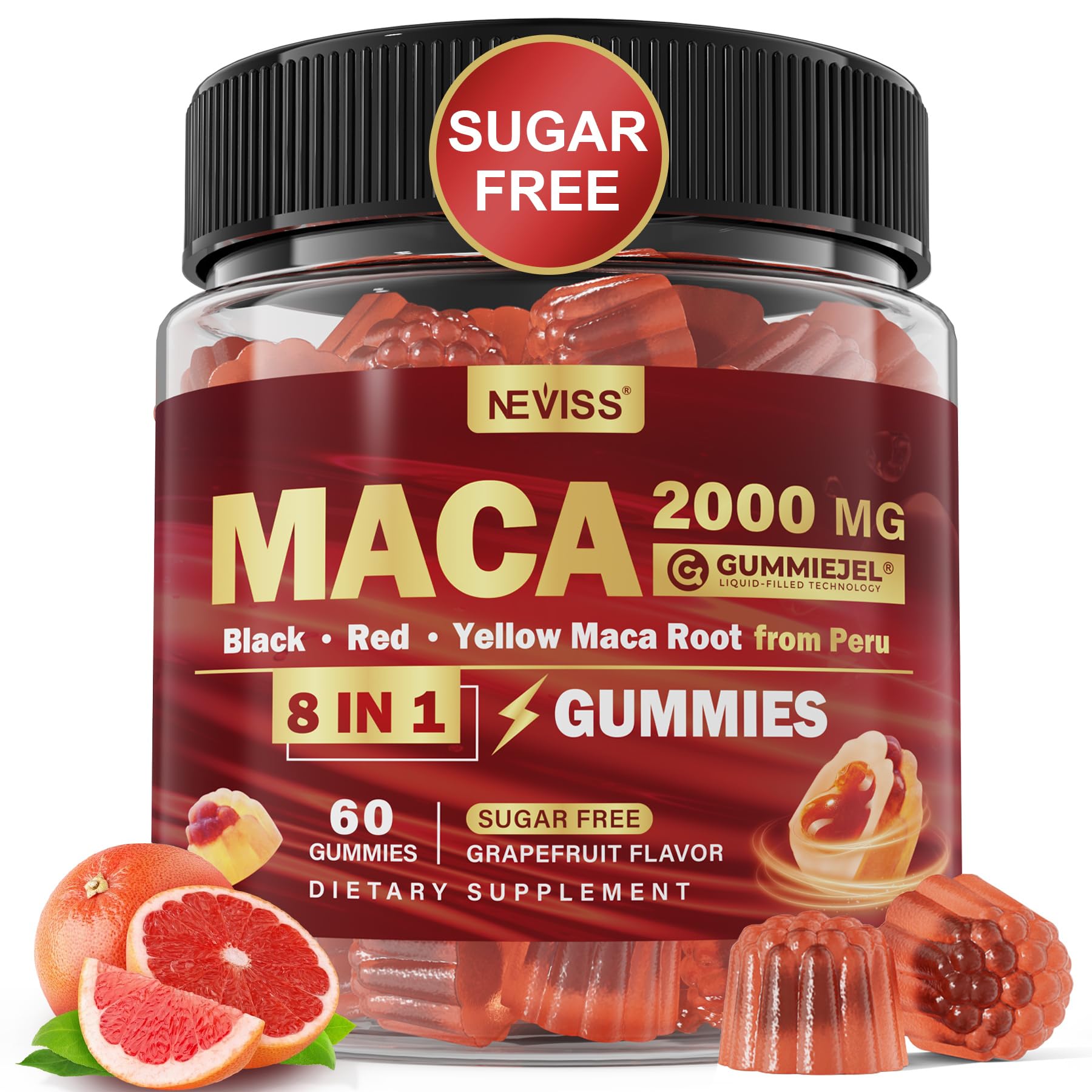 NEVISS maca gummies packaging highlights sugar-free vegan formula for daily vitality
