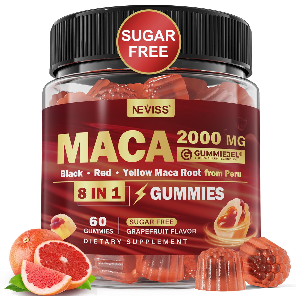NEVISS maca gummies packaging highlights sugar-free vegan formula for daily vitality