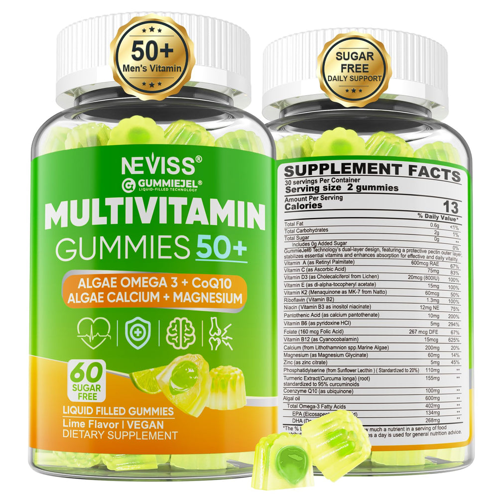 NEVISS Men 50+ multivitamin gummies bottle view for daily nourishment.