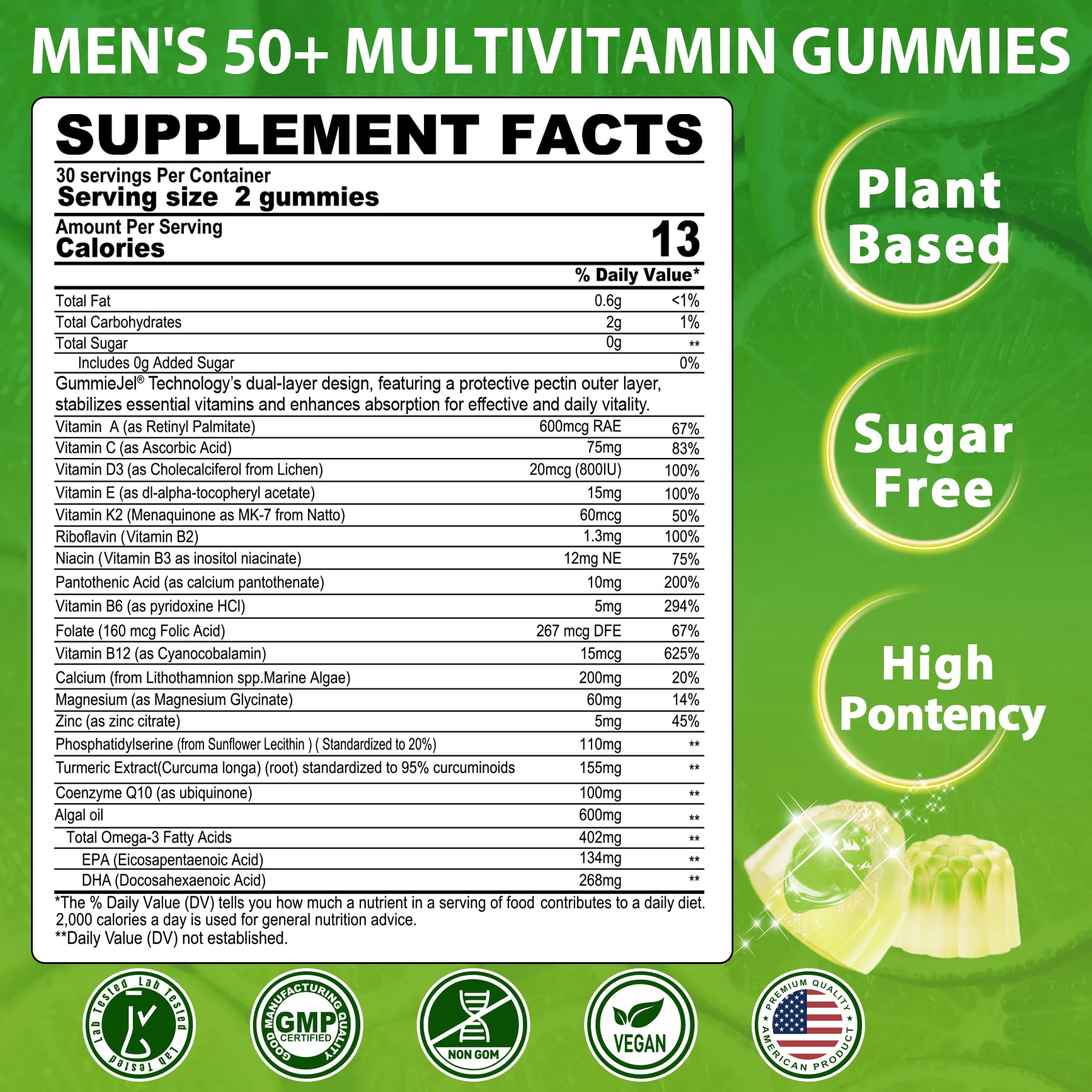 NEVISS gummies closeup showing sugar-free formula for over-50 men.