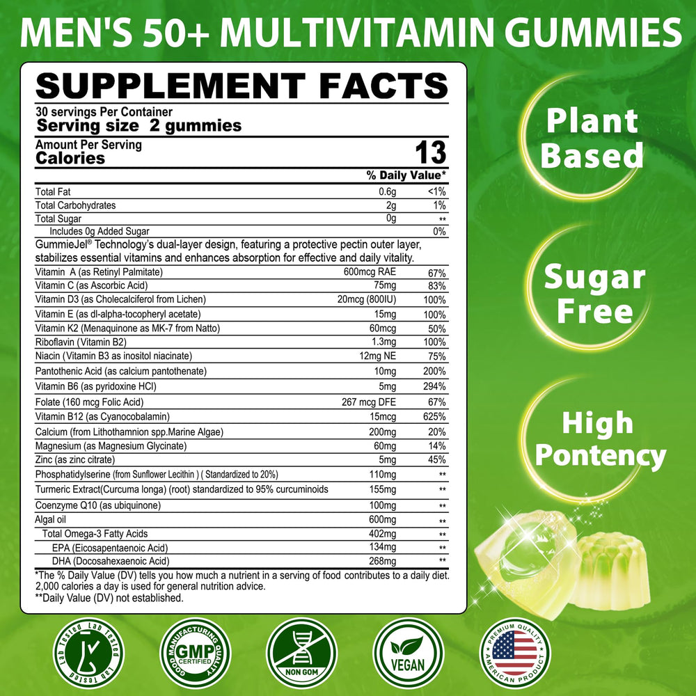 NEVISS gummies closeup showing sugar-free formula for over-50 men.