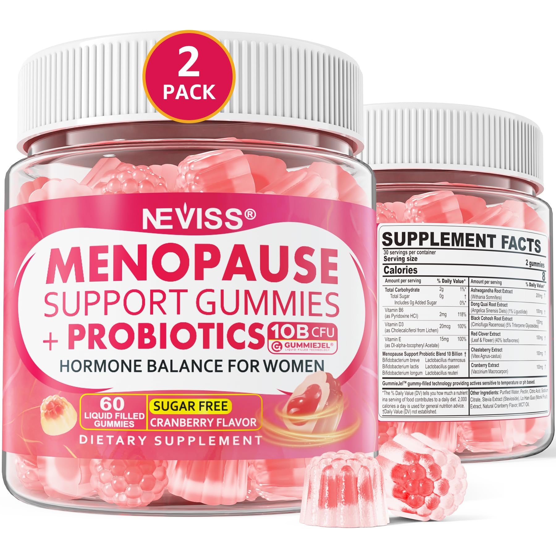 Neviss Menopause Gummies bottle front highlighting sugar-free hormone-supporting formula for daily wellness