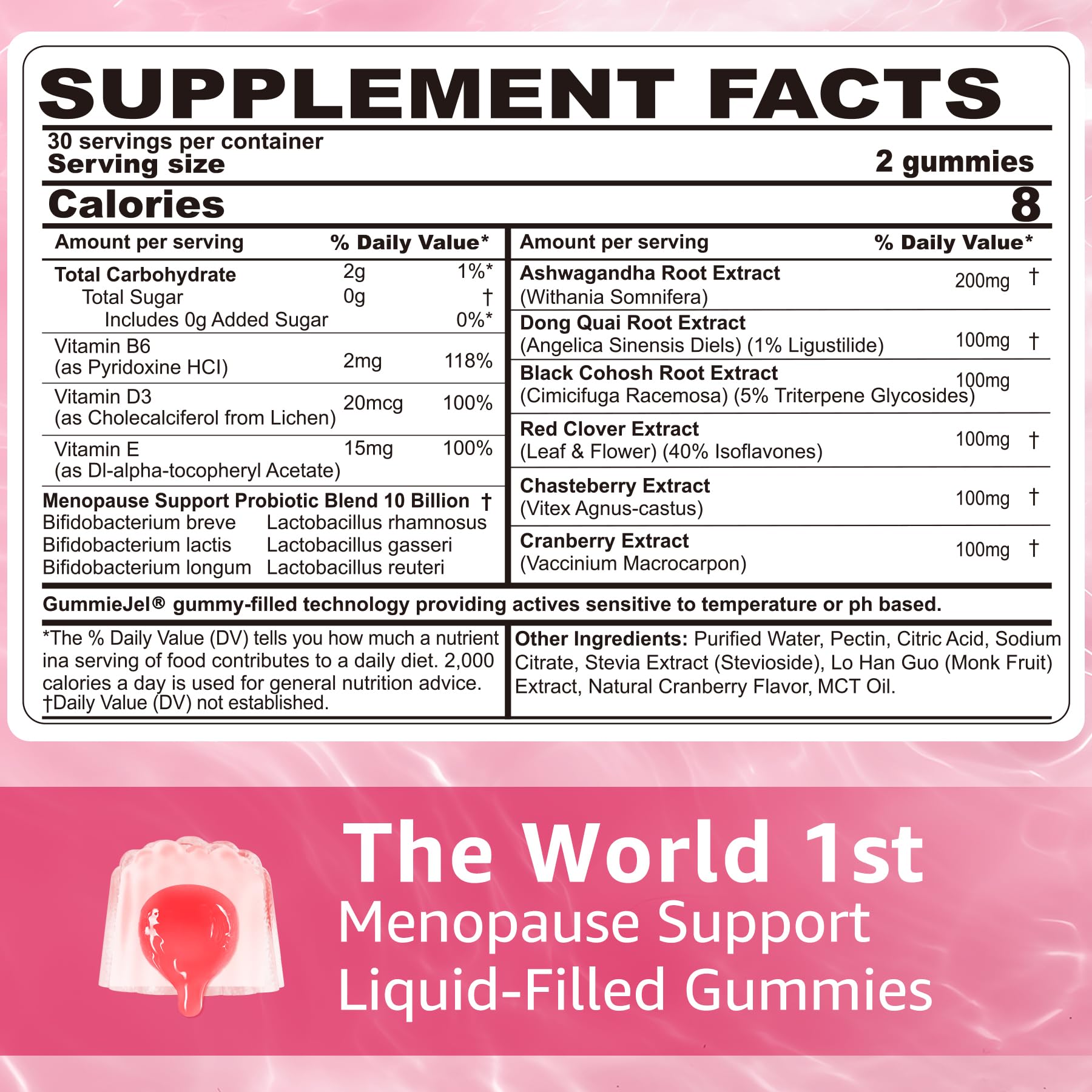 Neviss Menopause Gummies bottle label featuring ashwagandha and dong quai for mood and comfort