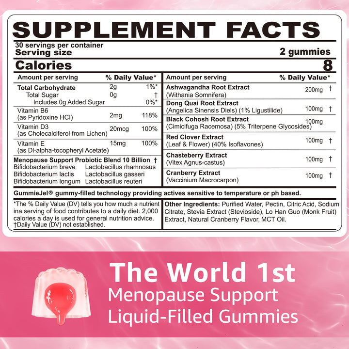 Neviss Menopause Gummies bottle label featuring ashwagandha and dong quai for mood and comfort