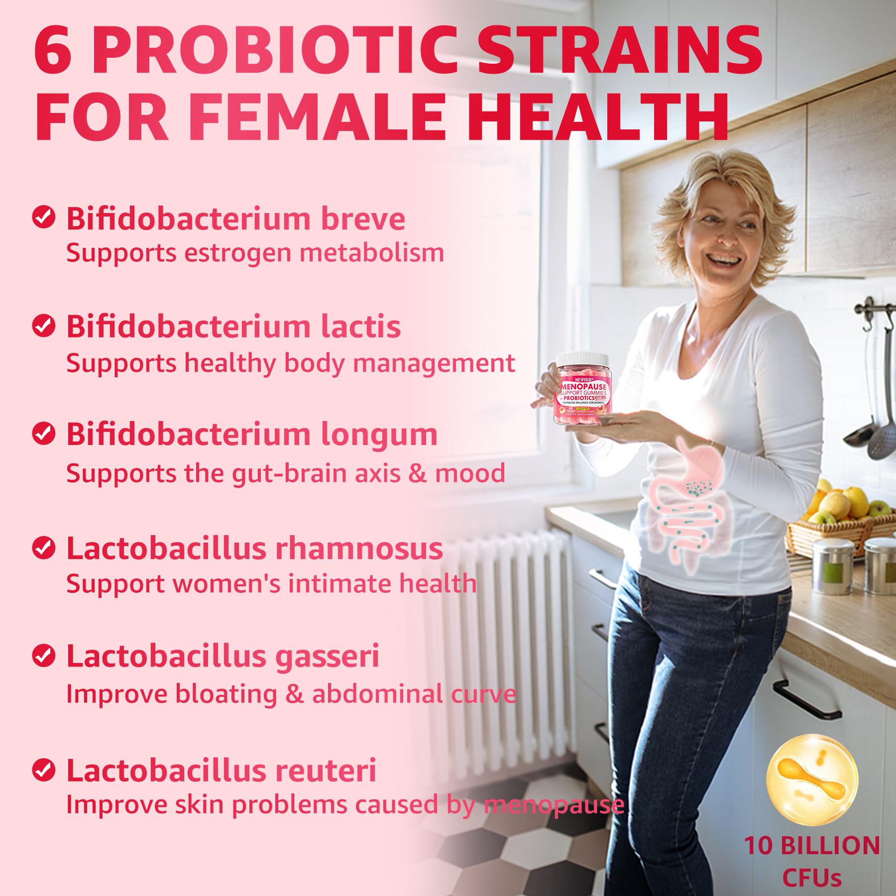 NEVISS menopause probiotic gummies bottle highlights 10B CFU and gut-supporting blend.