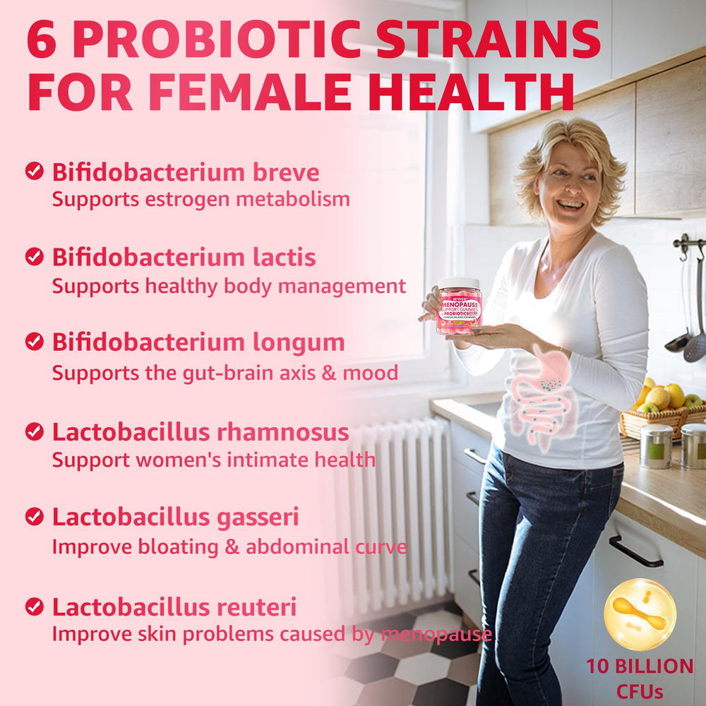 NEVISS menopause probiotic gummies bottle highlights 10B CFU and gut-supporting blend.