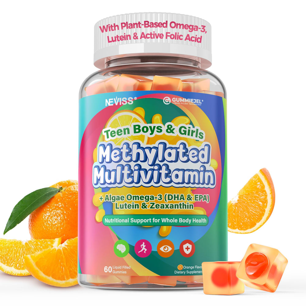 NEVISS methylated multivitamin teens bottle front, easy daily nutrition for growing teens.