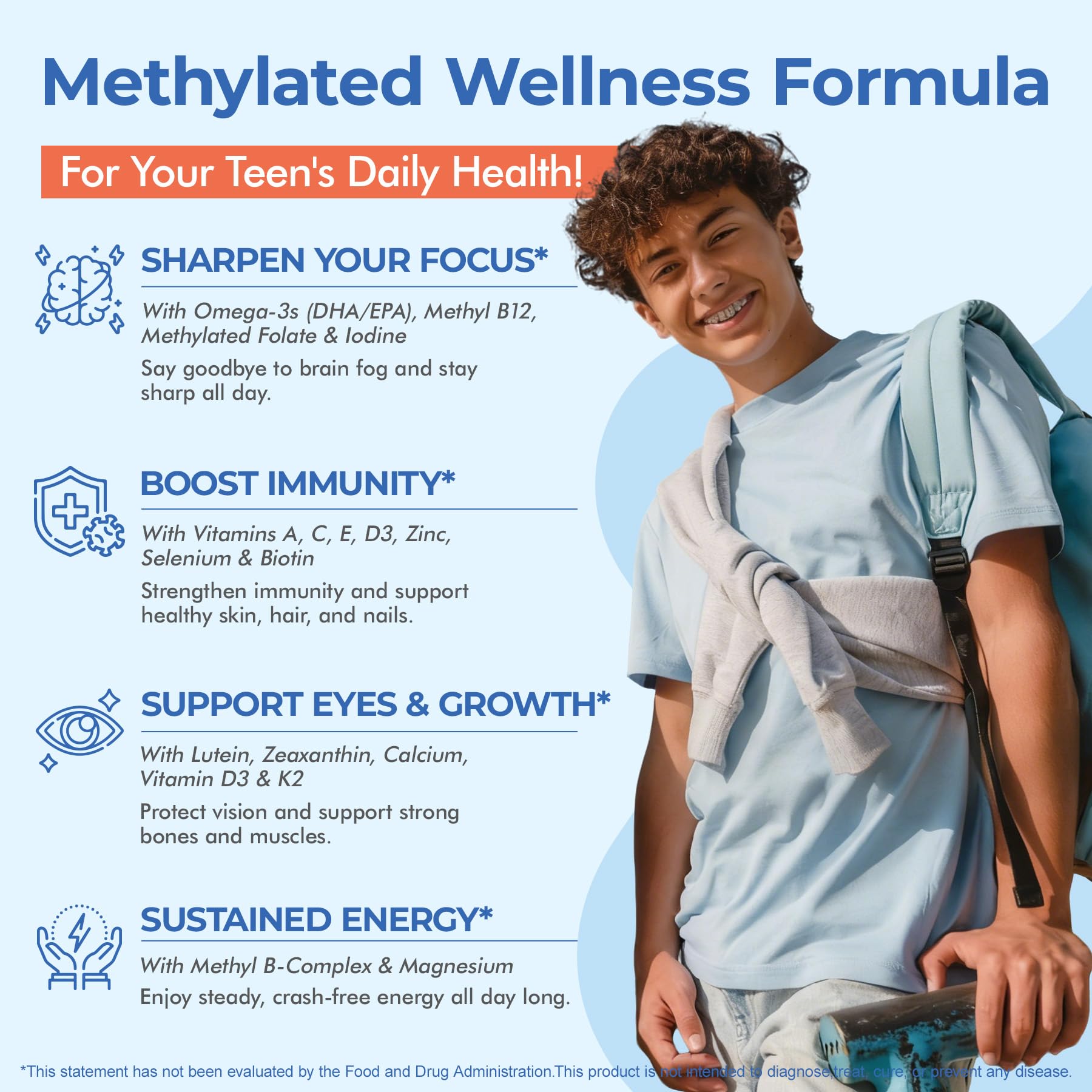 NEVISS methylated multivitamin teens gummies on plate, colorful bites support growth and energy.