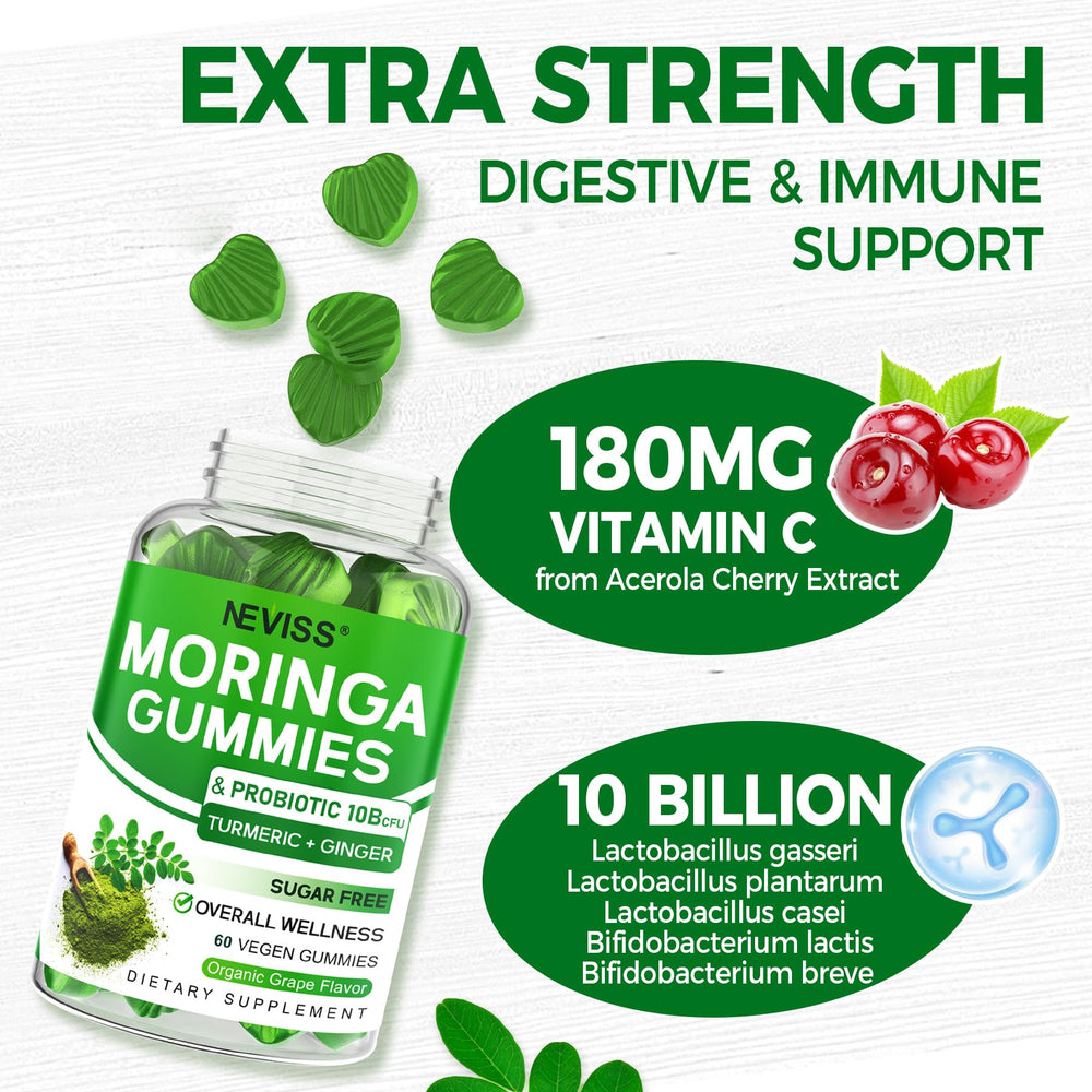 Neviss Moringa Gummies label shows organic moringa and vegan formulation for mindful snacking.