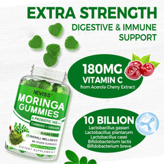 Neviss Moringa Gummies label shows organic moringa and vegan formulation for mindful snacking.