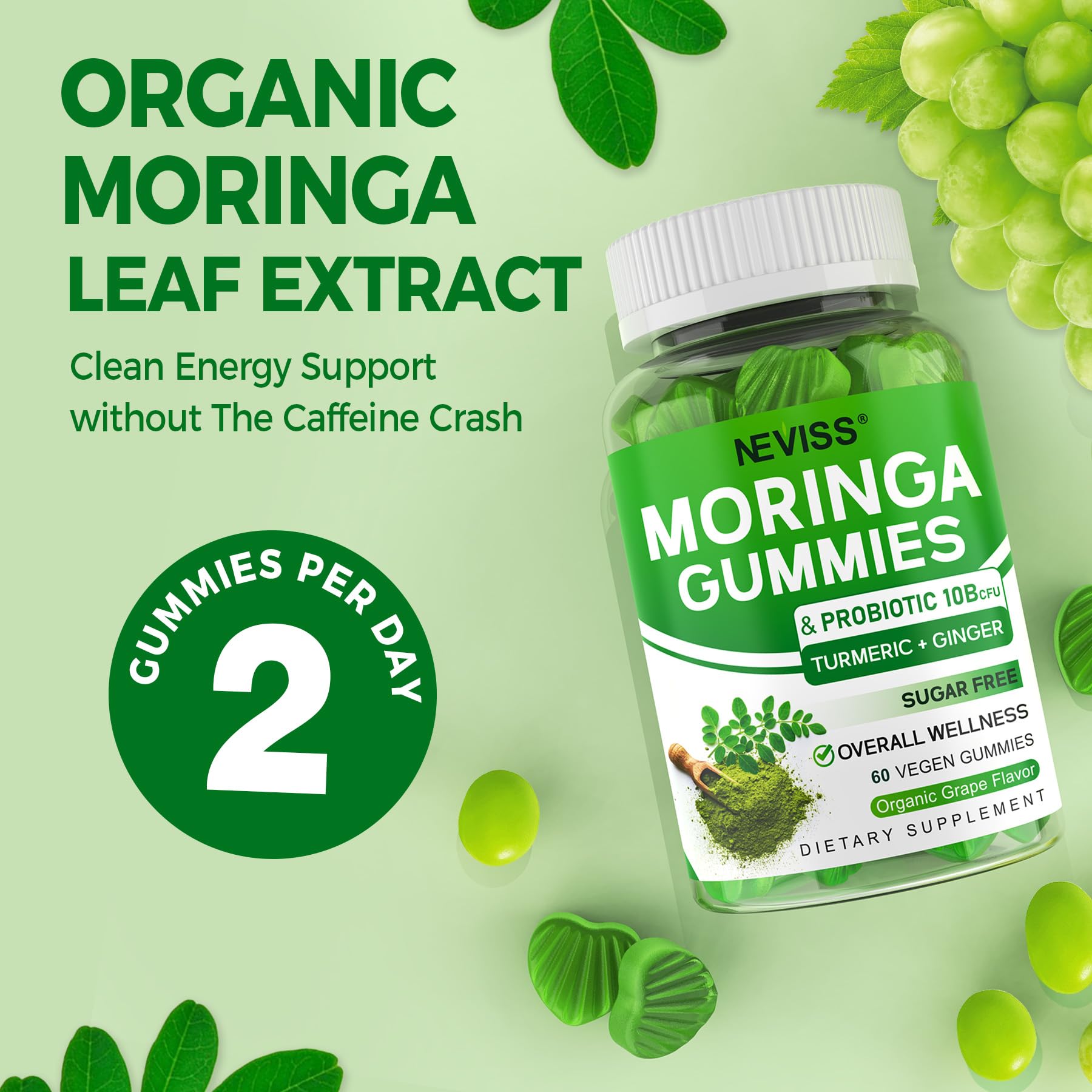 Neviss Moringa Gummies packaging showcases 120-count bottle for convenient long-term use.