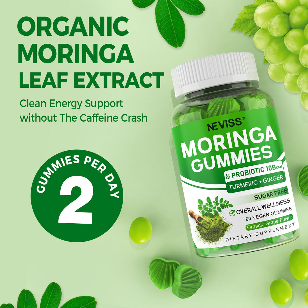 Neviss Moringa Gummies packaging showcases 120-count bottle for convenient long-term use.
