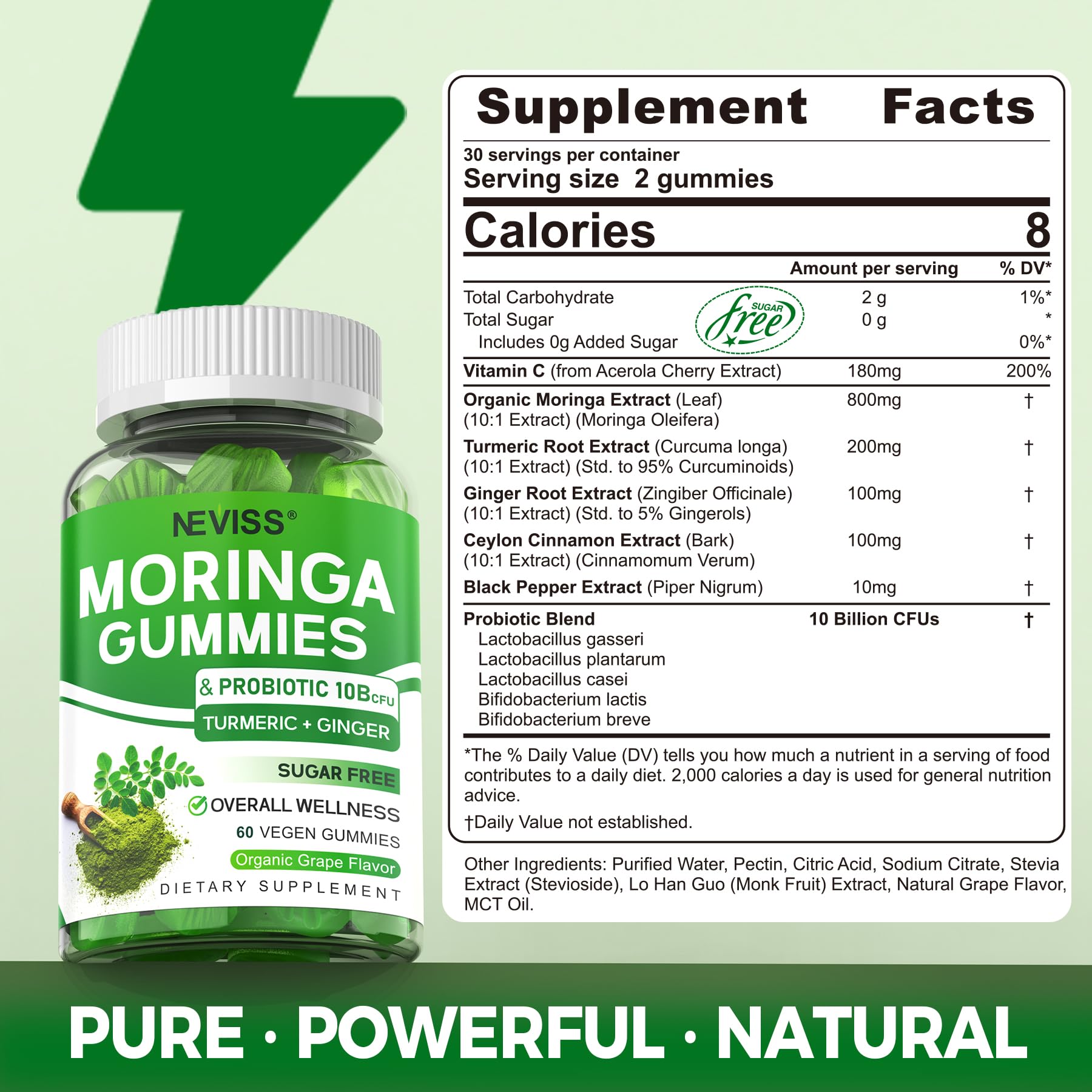 Neviss Moringa Gummies table close-up highlights grape flavor and sugar-free appeal.