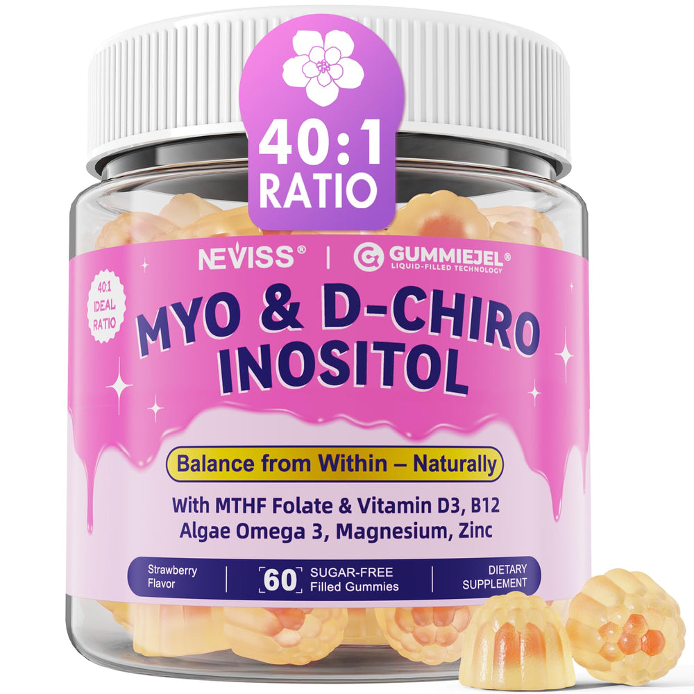 NEVISS Myo-Inositol gummies bottle for daily routine supporting potential hormone balance and cycle harmony.