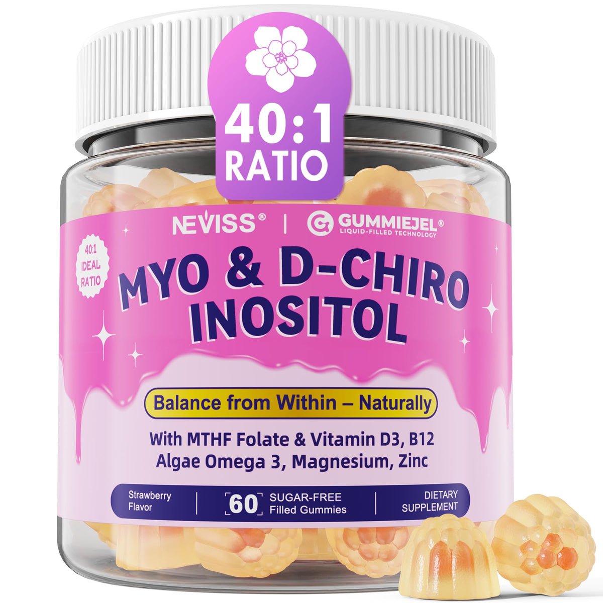 NEVISS Myo-Inositol gummies bottle for daily routine supporting potential hormone balance and cycle harmony.