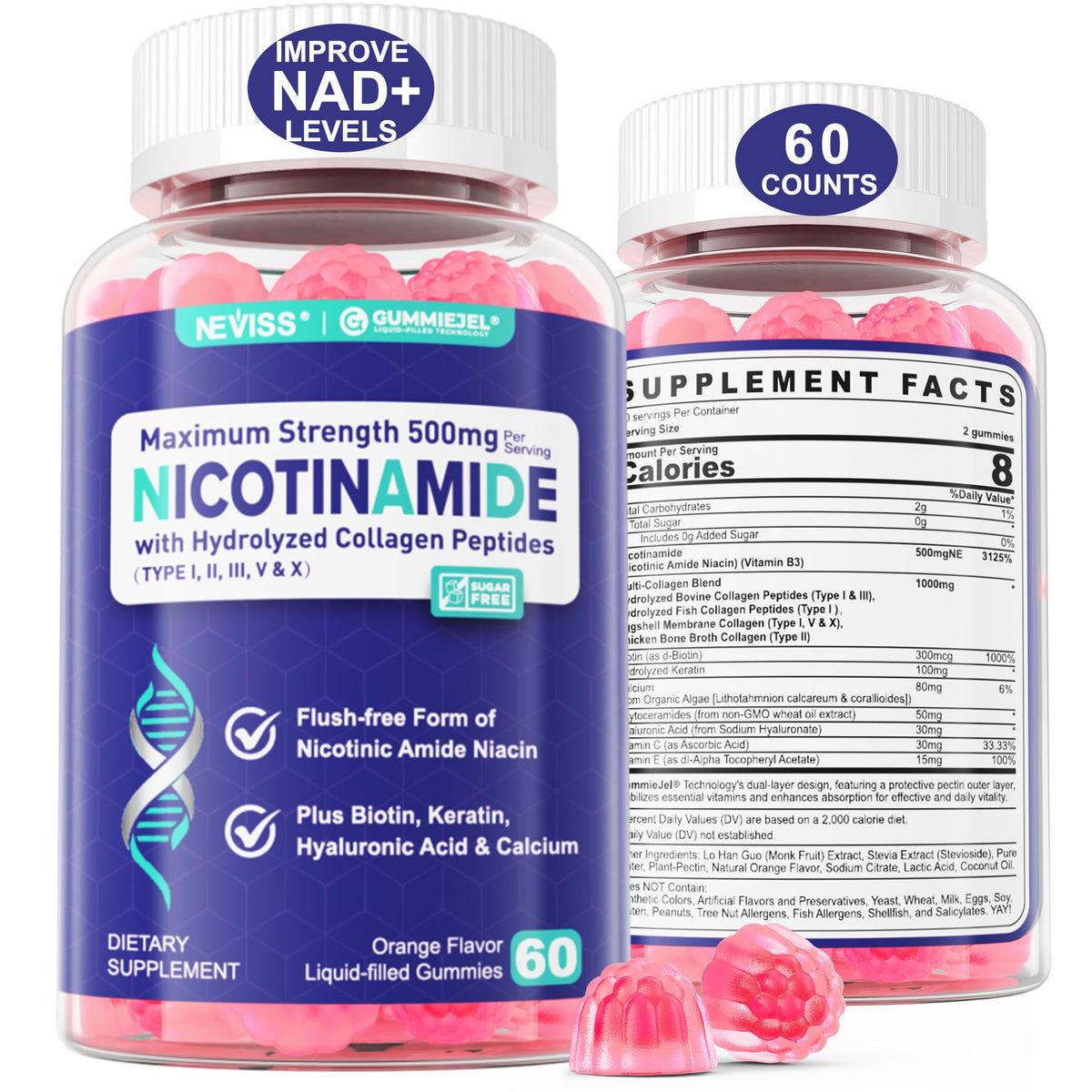 NEVISS Nicotinamide gummies bottle for convenient daily energy support.