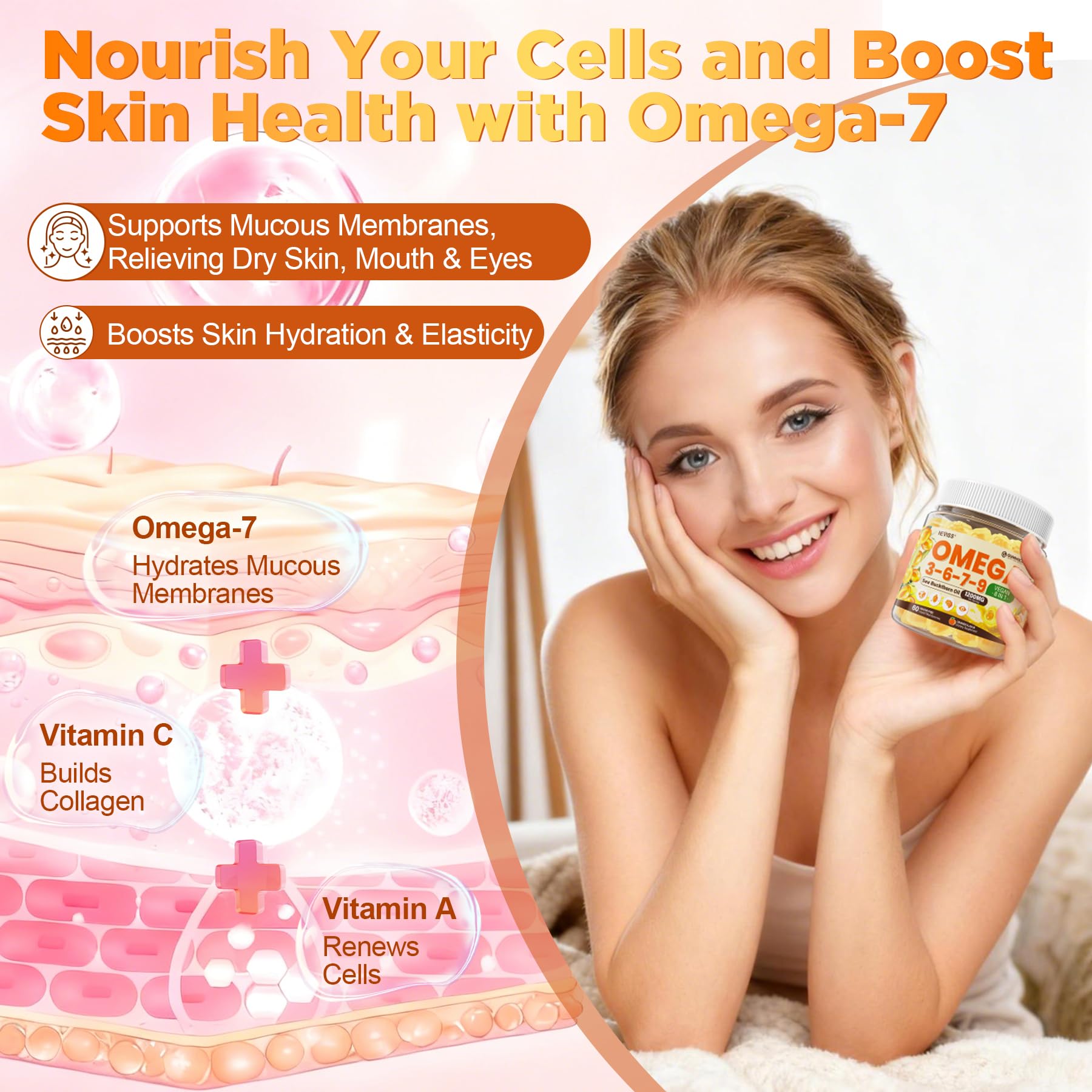 NEVISS ingredients panel image displays organic sea buckthorn and flaxseed oils