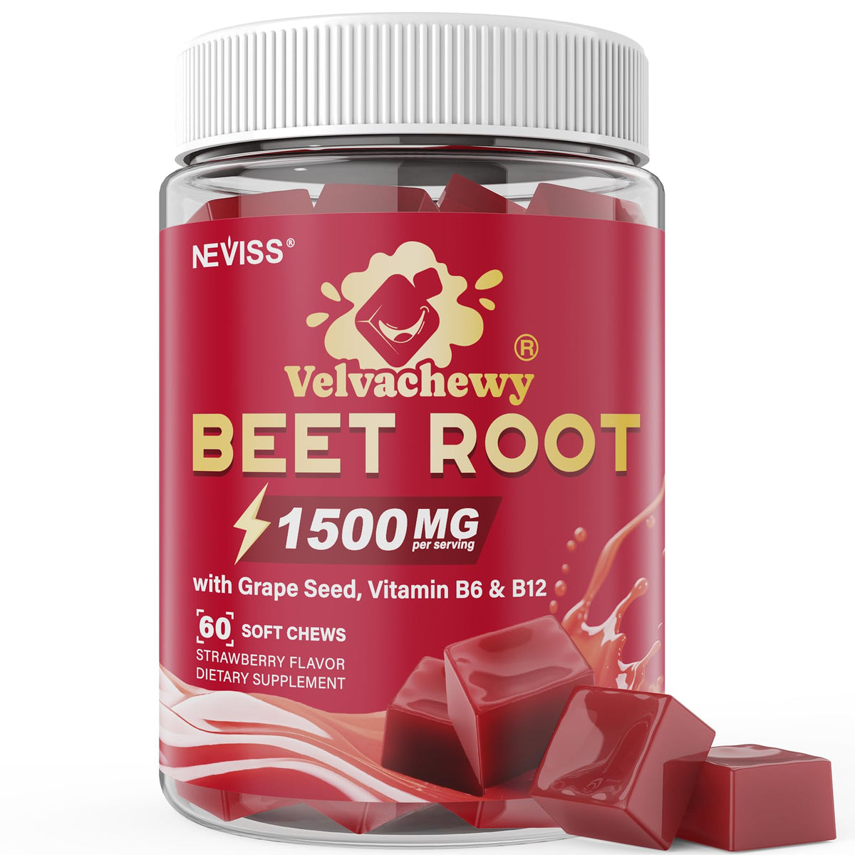 NEVISS Organic Beet Chews 1500mg bottle front view promoting circulation