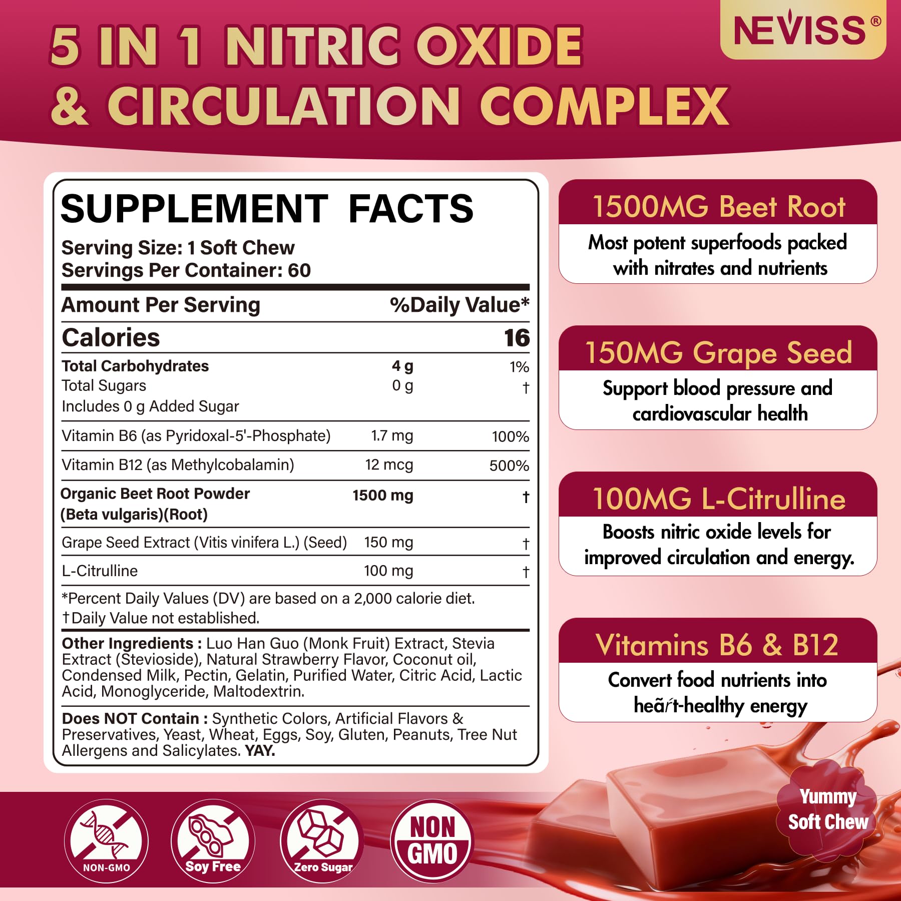 NEVISS Organic Beet Chews 1500mg serving image highlights convenience