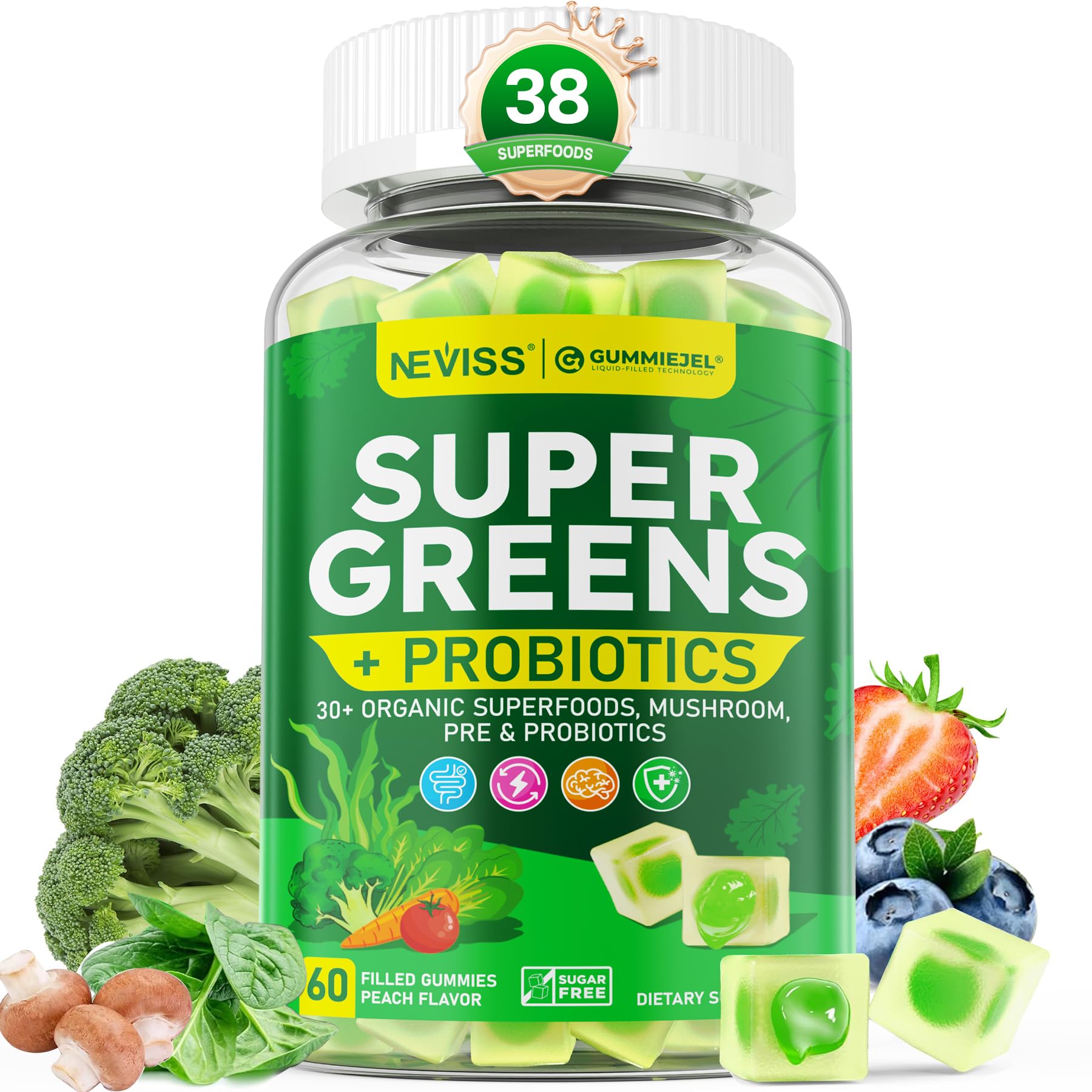 NEVISS Organic Super Greens Daily Gummies bottle with 60-count for daily energy support