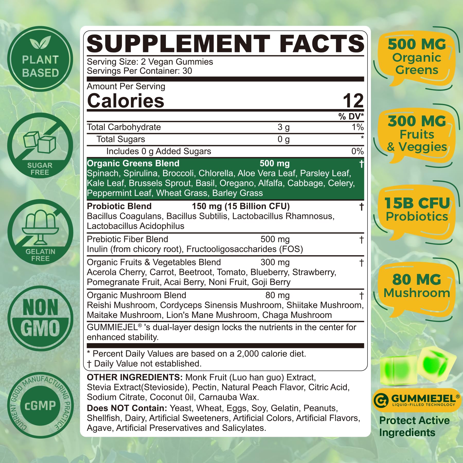 NEVISS gummies nutrition label showing 38-in-1 greens blend for daily nourishment