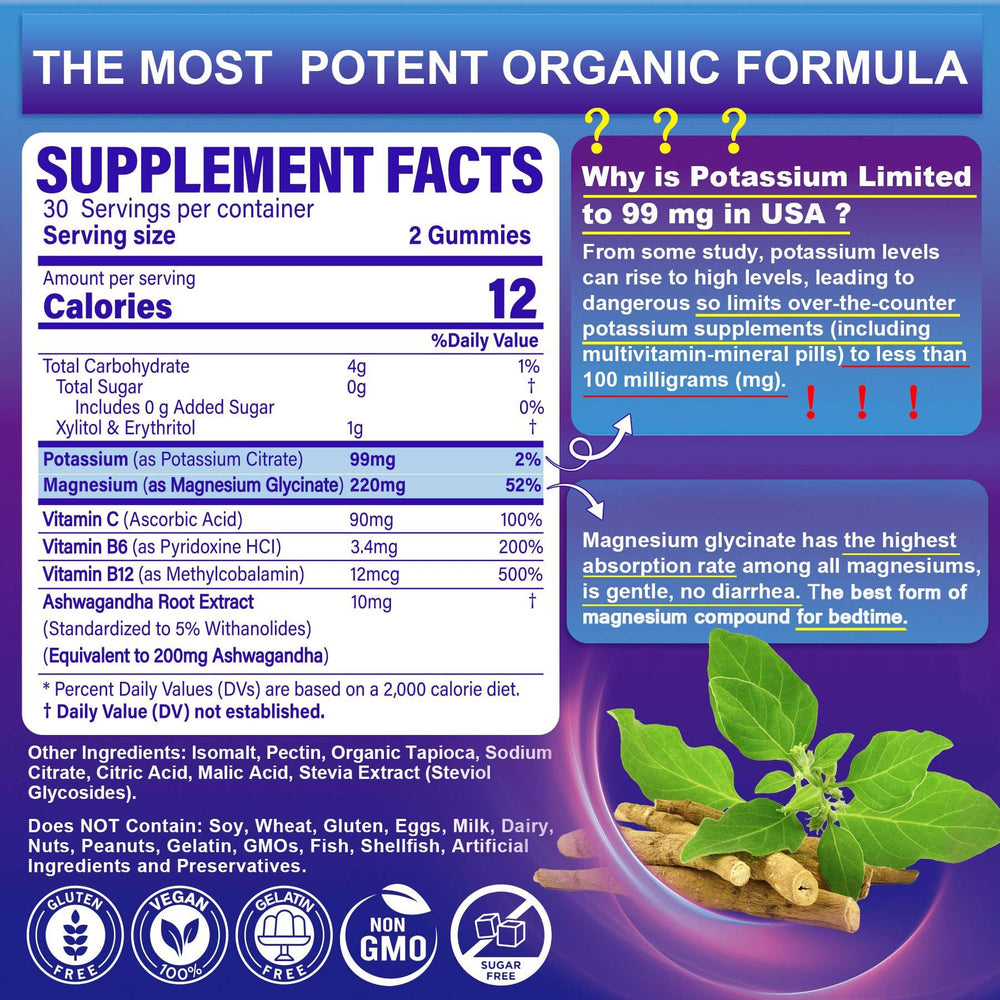 NEVISS Potassium Magnesium Gummies label highlighting ingredients for electrolytes.