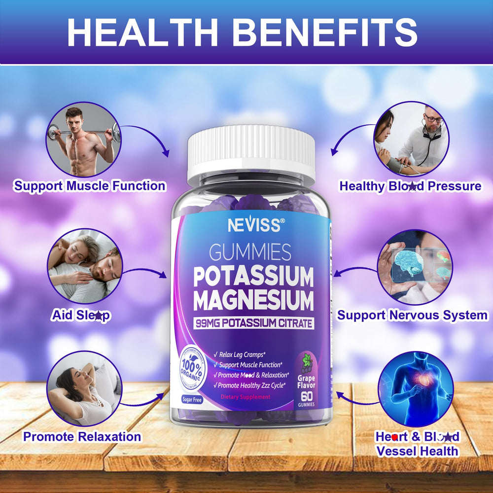 NEVISS Potassium Magnesium Gummies packaging on shelf signals quality and sugar-free formula.