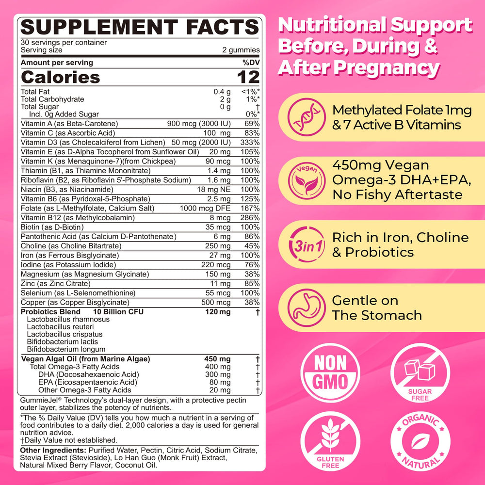 NEVISS Prenatal Gummies berry texture close-up highlighting sugar-free daily support