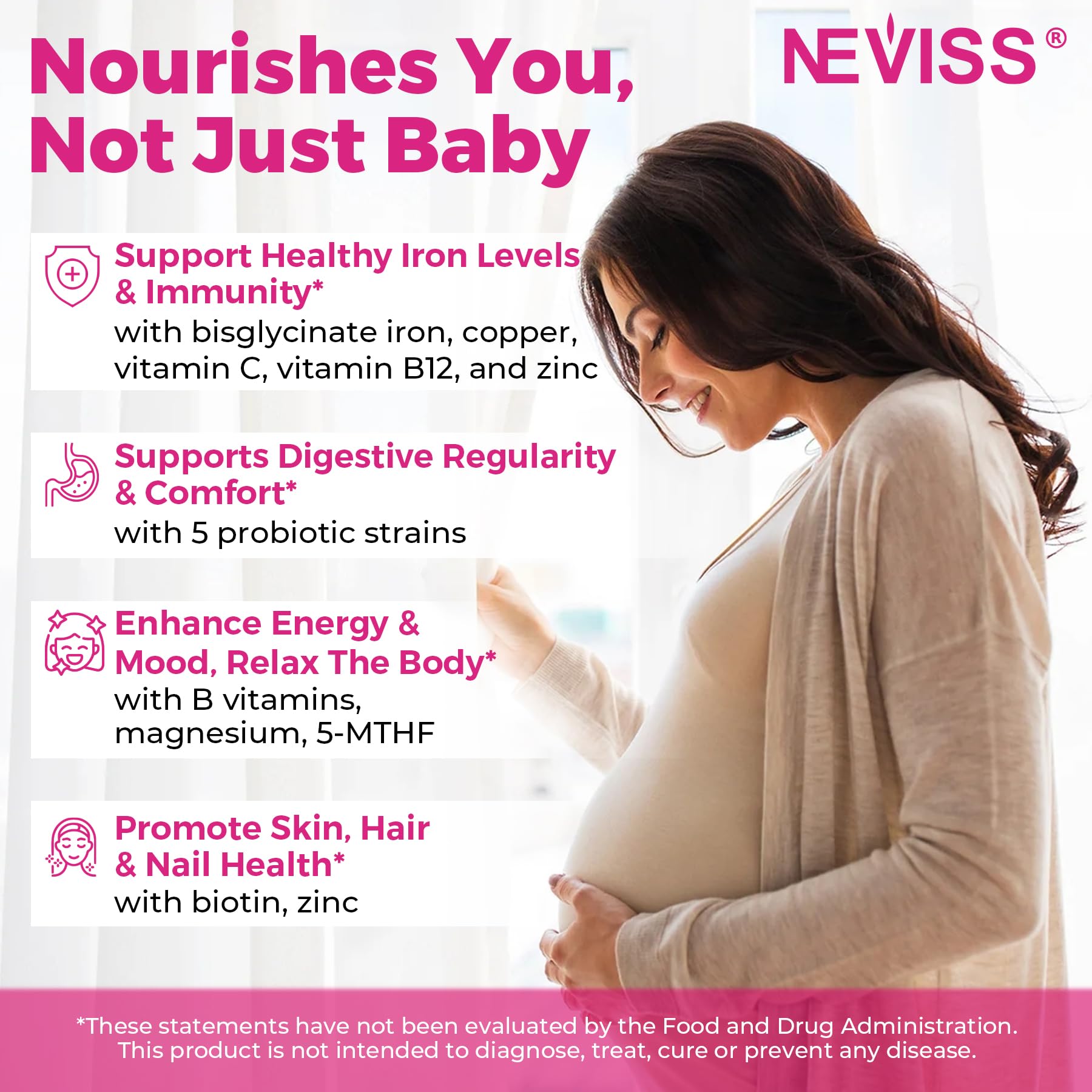 NEVISS Prenatal Vitamins ingredient list highlighting methylfolate, DHA and iron