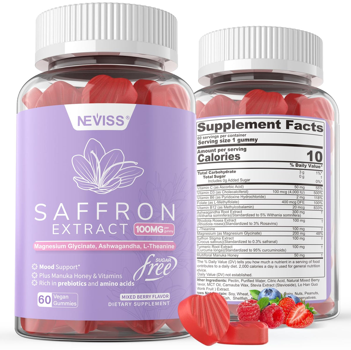 NEVISS saffron gummies bottle for convenient daily mood support