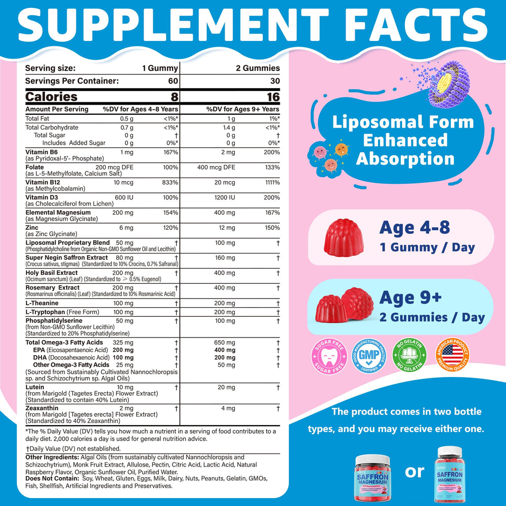 NEVISS saffron magnesium omega gummies jar closeup highlights a tasty, sugar-free wellness option