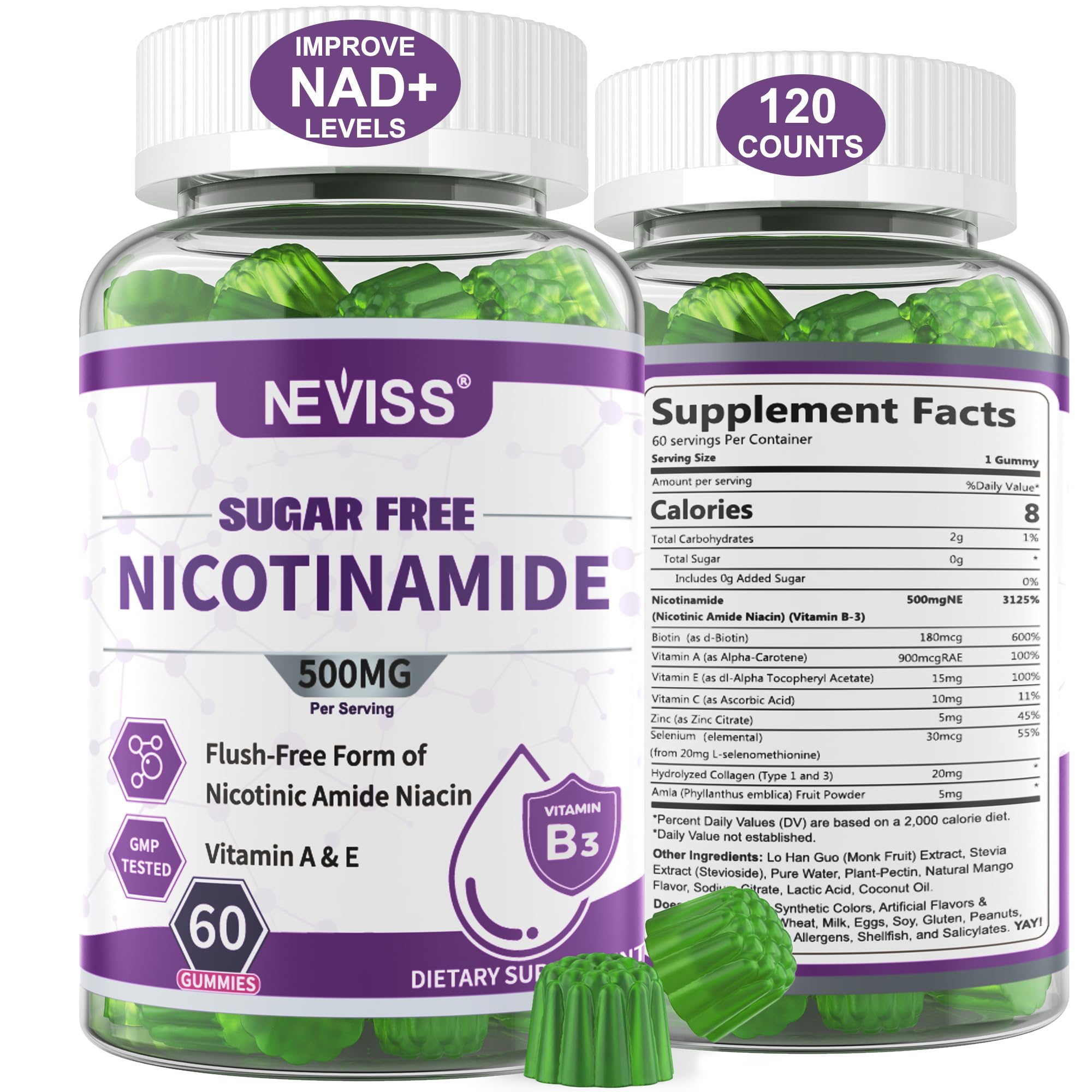 NEVISS Sugar Free Nicotinamide Gummies bottle, cranberry flavor, easy chew for daily energy support.