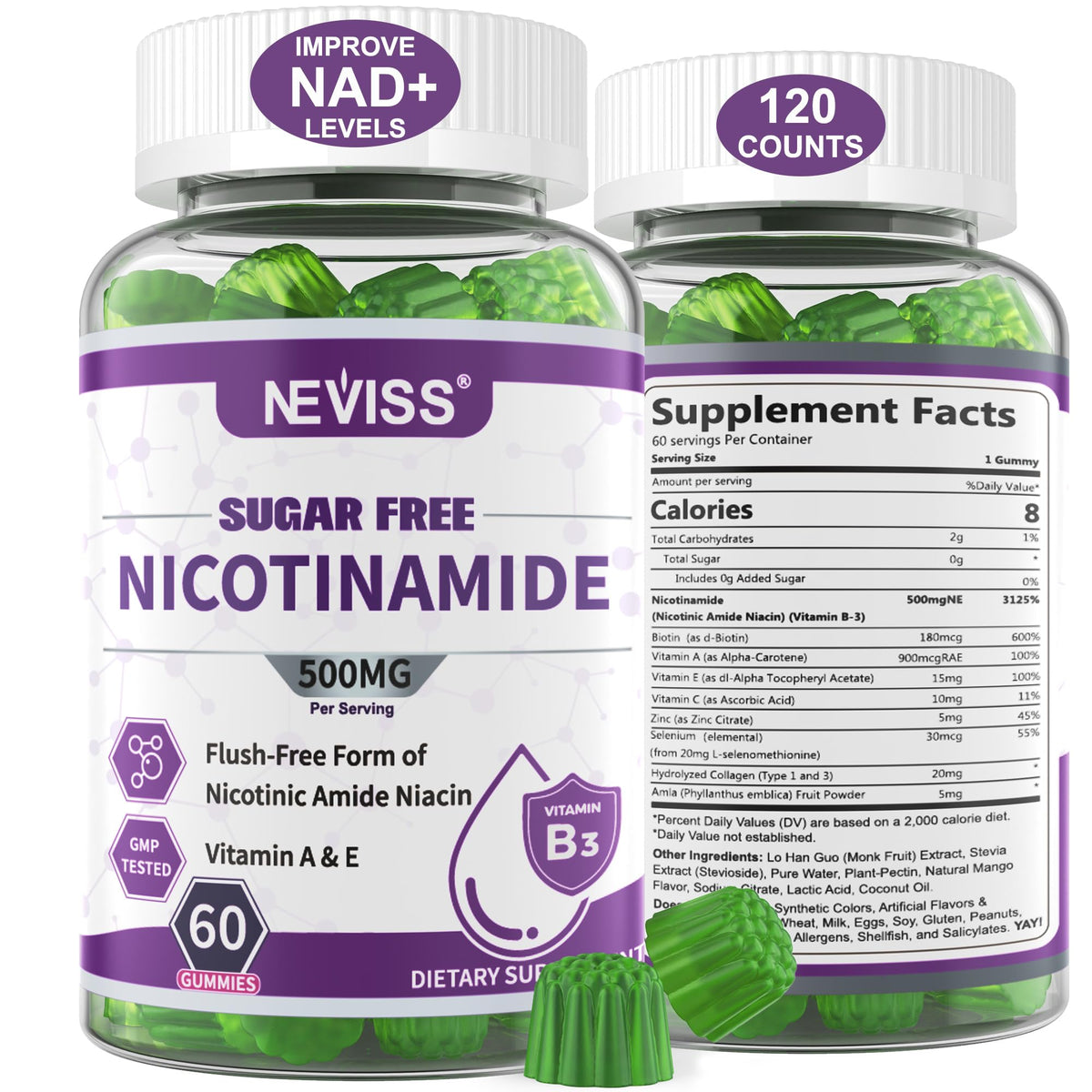 NEVISS Sugar Free Nicotinamide Gummies bottle, cranberry flavor, easy chew for daily energy support.