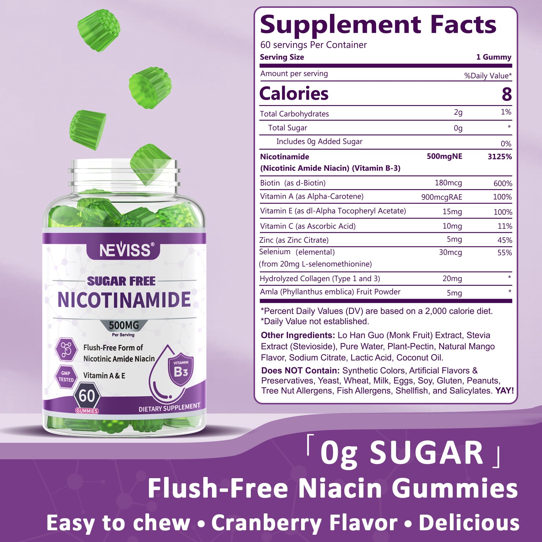 NEVISS gummies being poured from jar, cranberry flavor, convenient chewable daily energy option.