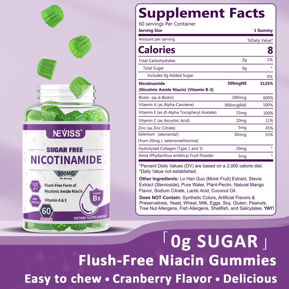 NEVISS gummies being poured from jar, cranberry flavor, convenient chewable daily energy option.